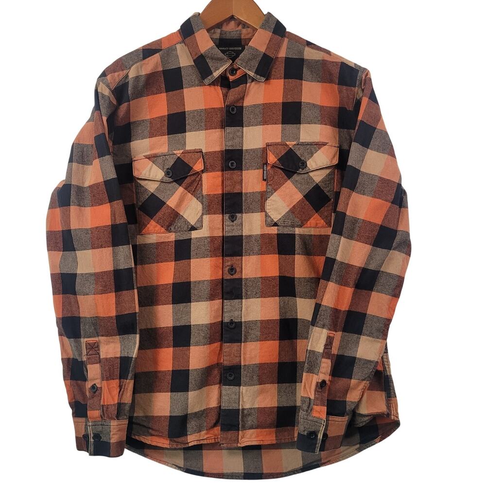 Harley-Davidson Men’s Plaid Flannel Shirt Large Orange Black Long Sleeve Biker